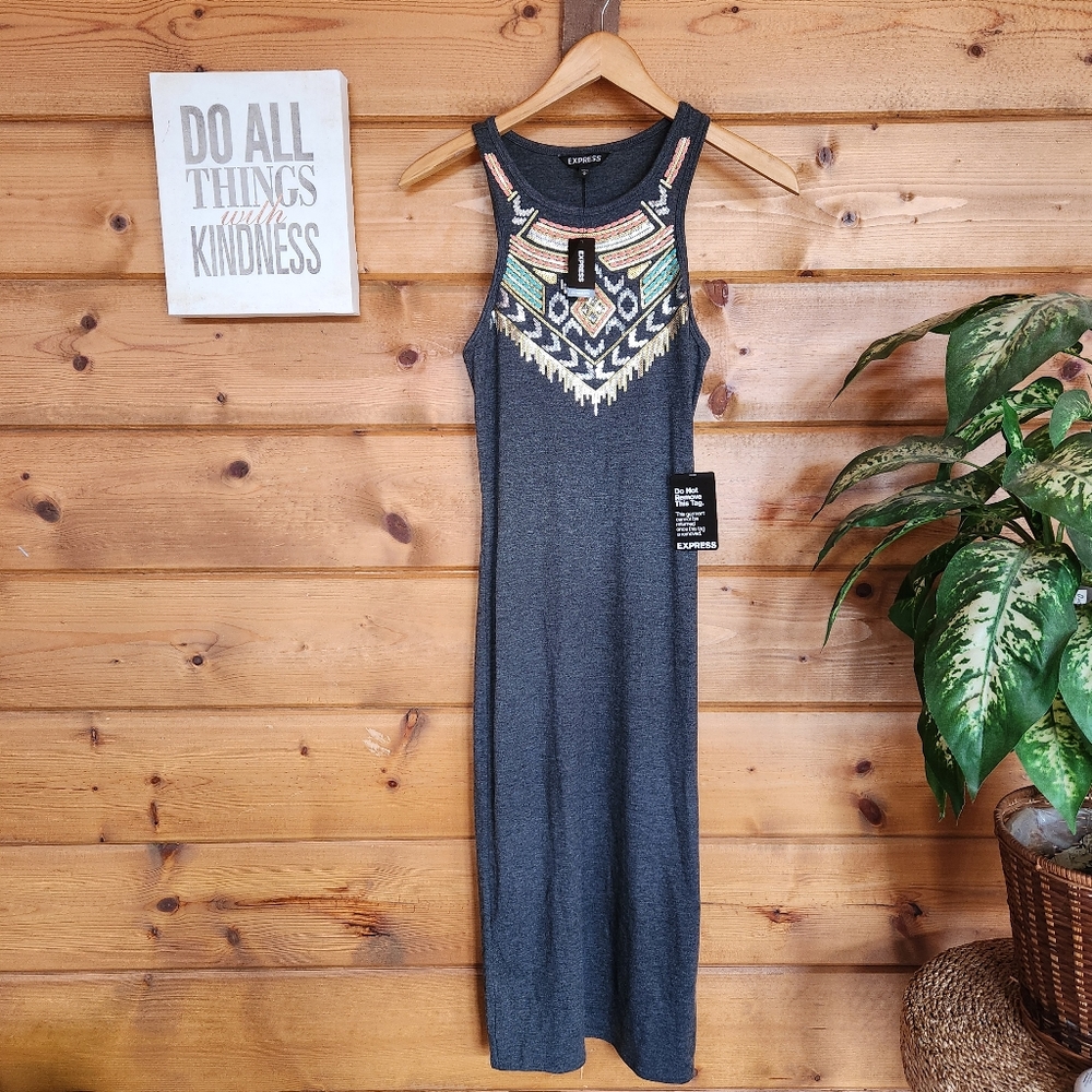 Express NWT Aztec Sequin Embellished Sheath Bodycon Tank Midi Dress Stretch Sz M